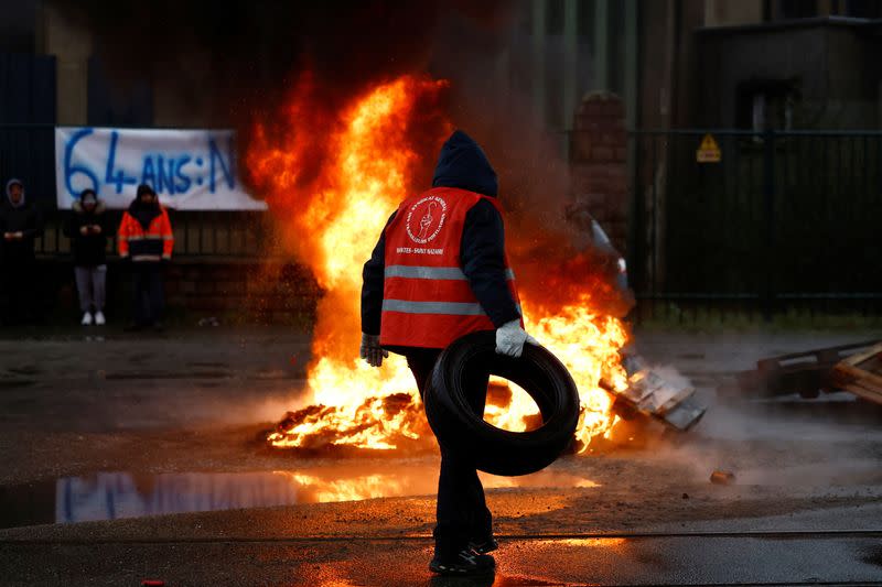 French energy workers on strike gather with dockers in the port of Saint-Nazaire