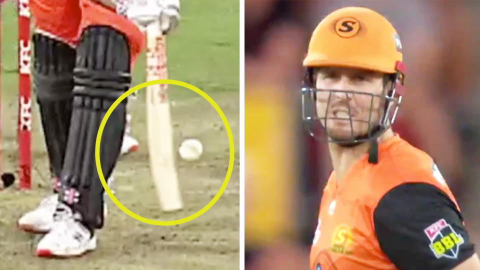 Mitch Marsh (pictured right) yelling towards the umpire after he was given out despite missing the ball (pictured left).