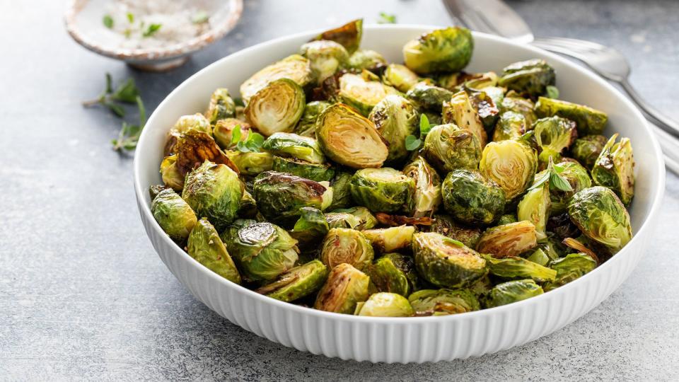 Brussel sprouts in ceramic dish