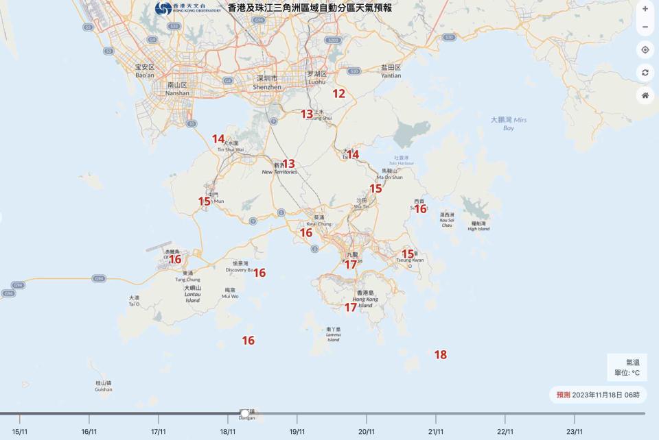 周末天氣仍持續清涼和乾燥，星期六（18日）清晨 6 時，分區天氣預報顯示，新界及上水得 13 度，打鼓嶺得 12 度。