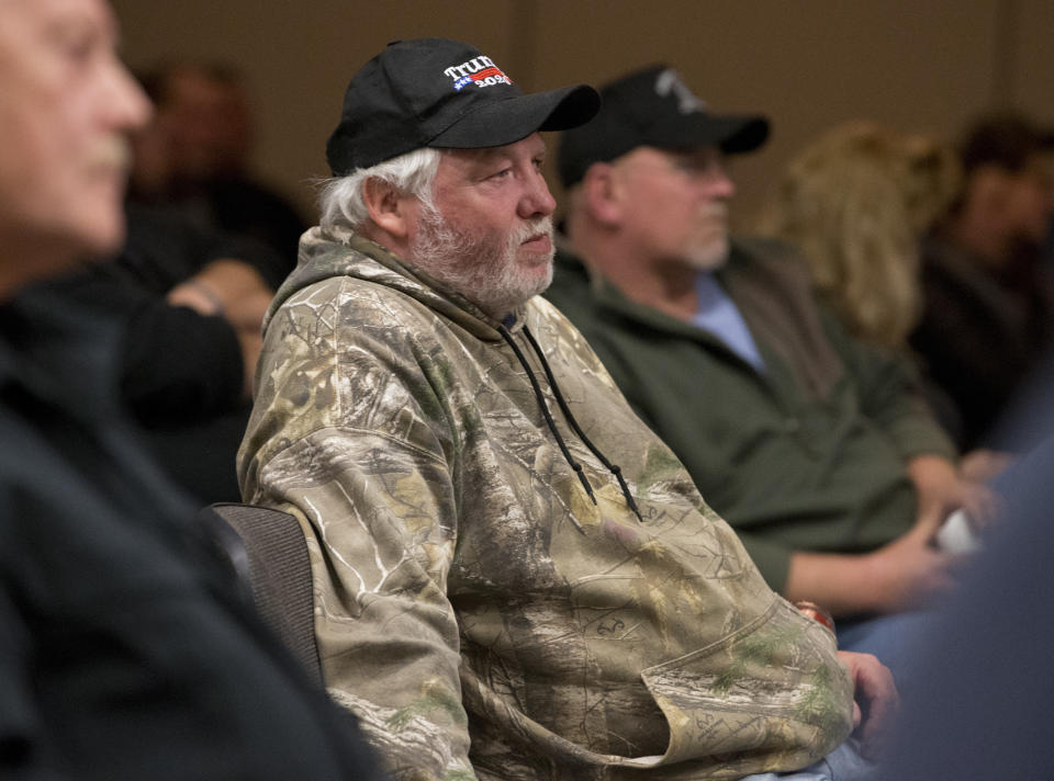 Supporters listen to former Massey CEO and West Virginia Republican Senatorial candidate, Don Blankenship, during a town hall to kick off his campaign in Logan, W.Va., Thursday, Jan. 18, 2018. The onetime coal businessman will face U.S. Rep. Evan Jenkins and West Virginia Attorney General Patrick Morrisey in the May 8 GOP primary. (AP Photo/Steve Helber)