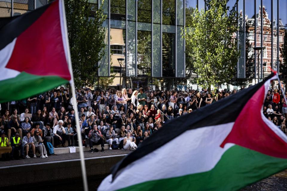 A rally by students and employees of the University of Amsterdam (UvA) on the Roeterseiland campus (ANP/AFP via Getty Images)