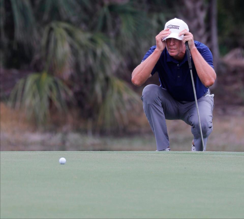 Steve Stricker checks the green while participating in the The 2023 Chubb Classic Tournament at Tiburon Golf Club in Naples was Friday, Feb. 17, 2023. 