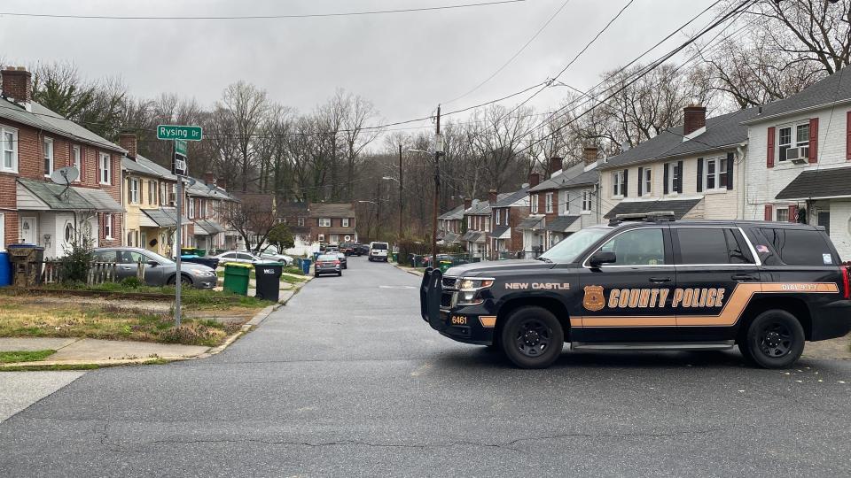 A New Castle County Police SUV blocked the entryway onto North Rodney Drive from Rysing Drive as officers investigated a double shooting that claimed the life of a 24-year-old man Thursday (March 28, 2024) in the community of Edgemoor Gardens.