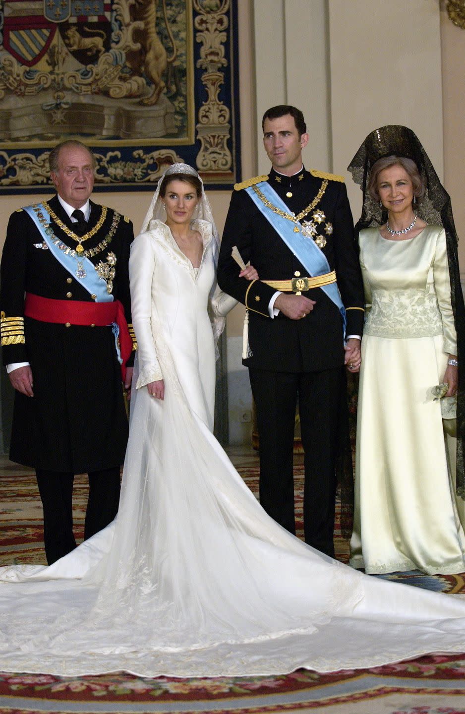 <p><strong>When: </strong>May 22, 2004 </p><p><strong>Where: </strong>The Cathedral Santa María la Real de la Almudena in Madrid</p><p><strong>Cost: </strong>£6 million</p><p><strong>Designer: </strong>Royal couturier Manuel Pertegaz</p><p><strong>Most royal detail: </strong>The real gold thread embroidery woven into the silk.</p>