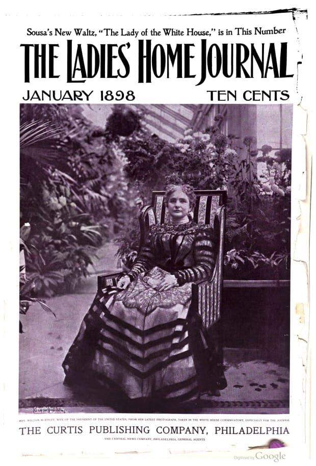 Photograph of Ida McKinley on the cover of<a href="https://commons.wikimedia.org/wiki/File:Ladies%27_Home_Journal_Vol.15_No.02_(January,_1898).pdf" rel="nofollow noopener" target="_blank" data-ylk="slk:Ladies’ Home Journal, vol. 15, no. 2, January 1898;elm:context_link;itc:0;sec:content-canvas" class="link "> <em>Ladies’ Home Journal</em>, vol. 15, no. 2, January 1898</a>.