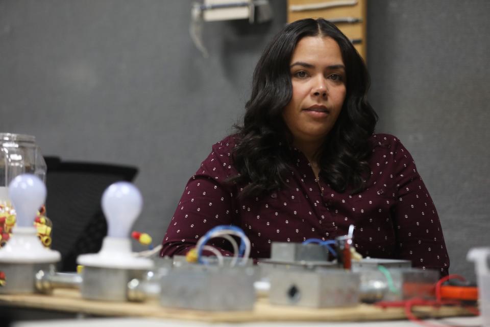 Natalia Reyes of Irondequoit  works on a switch at the Rochester Joint Apprenticeship Training Center in Brighton on March 18, 2022.  Reyes,  a nurse is changing careers, she is training to become an electrician.  She will still do nursing but not full time.  She works at a site four days out of the week with class time on Fridays.