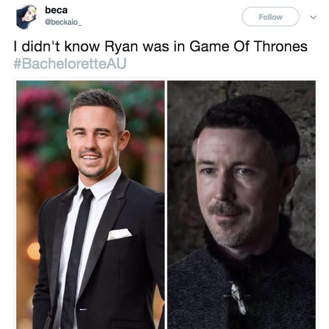 Bachelorette contestant Ryan (L) and Game Of Thrones' Littlefinger. Source: Channel Ten and HBO