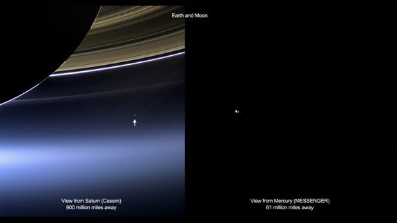 These images show views of Earth and the moon from NASA's Cassini (left) and MESSENGER spacecraft (right) from July 19, 2013.