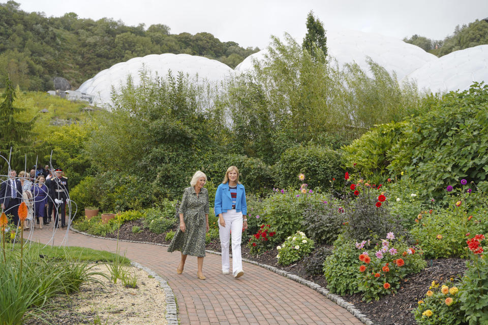 The Duchess of Cornwall (left) with BBC presenter Fiona Bruce during a visit to the Antiques Roadshow at the Eden Project in Bodelva, Cornwall. Picture date: Tuesday September 6, 2022.