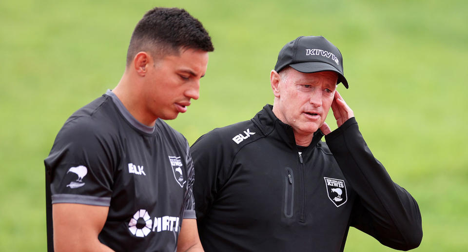 Pictured here, New Zealand coach Michael Maguire with Joseph Tapine at a training session.