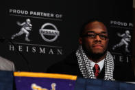 NEW YORK, NY - DECEMBER 10: Heisman Trophy finalist Trent Richardson of the Alabama Crimson Tide speaks during a press conference at The New York Marriott Marquis on December 10, 2011 in New York City. (Photo by Jeff Zelevansky/Getty Images)