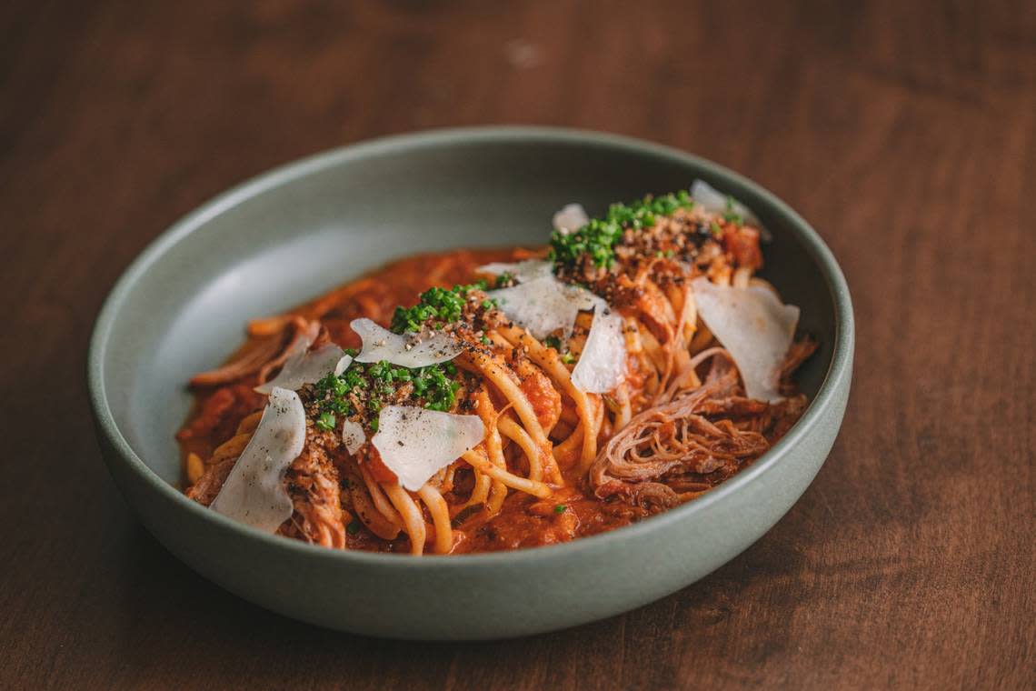 The Sunday Gravy (Bucatini noodle, tomato braised lamb, Grana Padano, garlic streusel) is a popular menu item at the bar and restaurant located in the Bardstown Motor Lodge in Bardstown, Ky.
