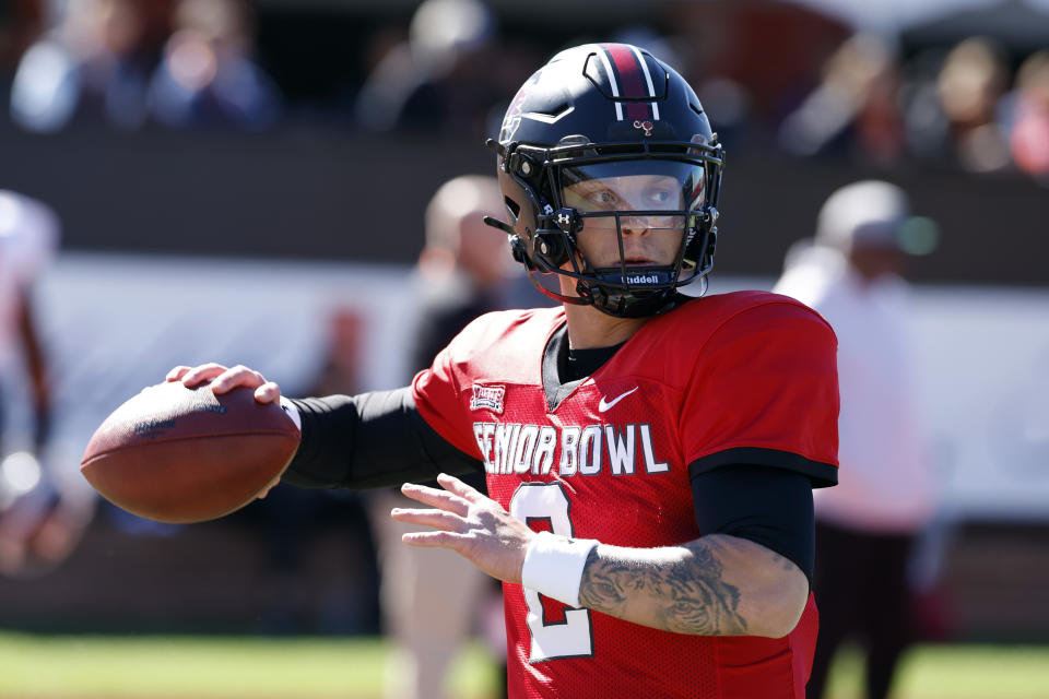 American quarterback Spencer Rattler of South Carolina runs through drills during practice for the Senior Bowl NCAA college football game, Wednesday, Jan. 31, 2024, in Mobile, Ala. (AP Photo/ Butch Dill)