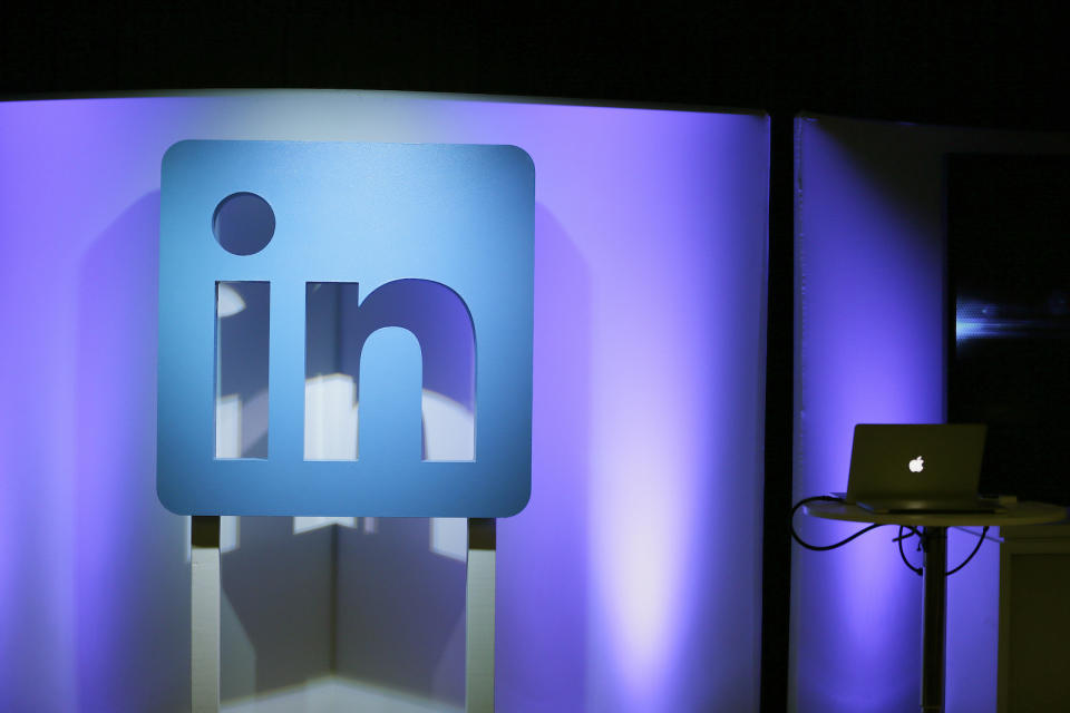 The LinkedIn logo is displayed during a product announcement Thursday, Sept. 22, 2016, in San Francisco. (AP Photo/Eric Risberg)                        