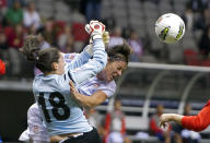 Abby Wambach #20 of the United States collides with goalie Erika Miranda #18 of Costa Rica while battling for the loose ball during the first half of semifinals action of the 2012 CONCACAF Women's Olympic Qualifying Tournament at BC Place on January 27, 2012 in Vancouver, British Columbia, Canada. (Photo by Rich Lam/Getty Images)