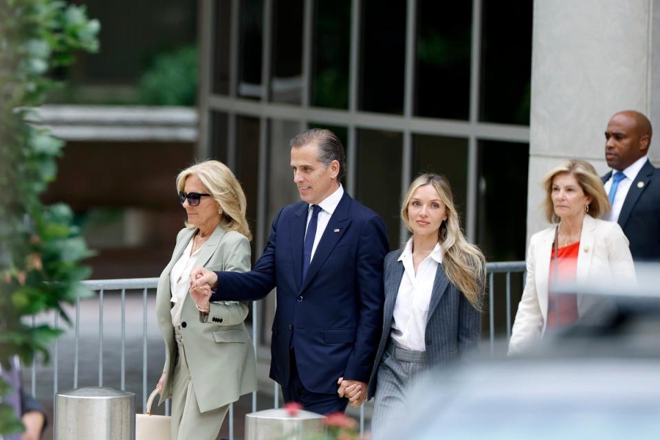 First lady Jill Biden, Hunter Biden, son of U.S. President Joe Biden, joined by his wife Melissa Cohen Biden, leave the J. Caleb Boggs Federal Building on June 11, 2024 in Wilmington, Delaware (Getty Images)