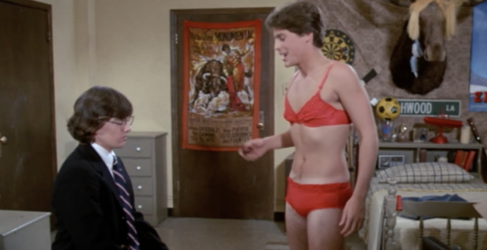 Rob Lowe as Skip in the movie "Class" is wearing a red bra and matching underwear