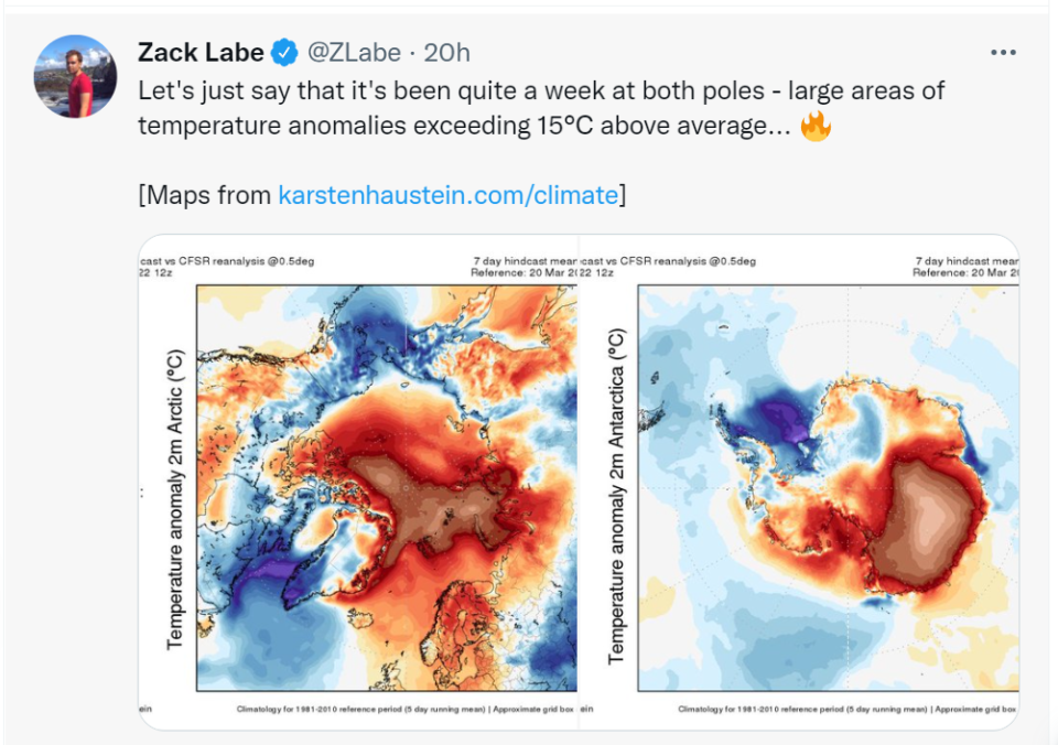 Zachary Labe blamed the extreme temperatures on transfers of heat and moisture towards the poles (Twitter) 