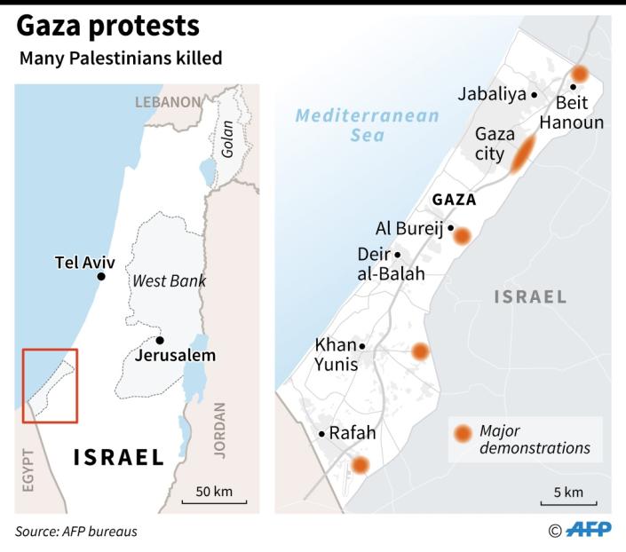 Map locating Palestinian demonstrations on Friday in Gaza, during which many protestors have been shot dead by Israeli forces. (AFP Photo/Sophie RAMIS)