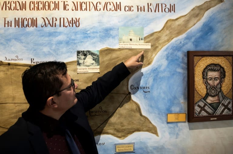 Director of the Cyprus Byzantine Museum Ioannis Eliades on November 21, 2018 shows the location of the church where a centuries-old mosaic of Saint Mark was stole