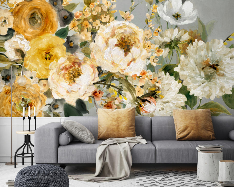 3. Bloom and 'gray' with statement florals on walls