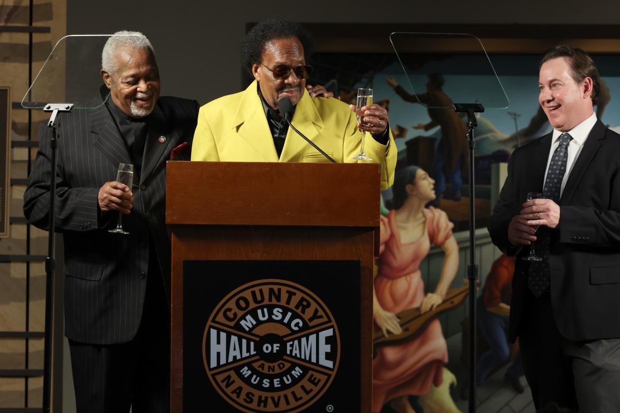 Frank Howard, Jimmy Church and VP of Museum Services at Country Music Hall of Fame and Museum, Michael Gray speak onstage at the opening of "Night Train to Nashville: Music City Rhythm & Blues Revisited" at Country Music Hall of Fame and Museum on April 25, 2024.
