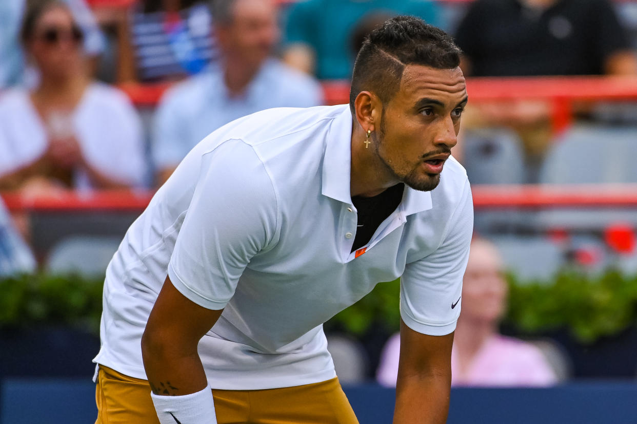 Nick Kyrgios used the guise of a bathroom break to smash 2 rackets before returning to the court to berate a chair umpire. (Getty)