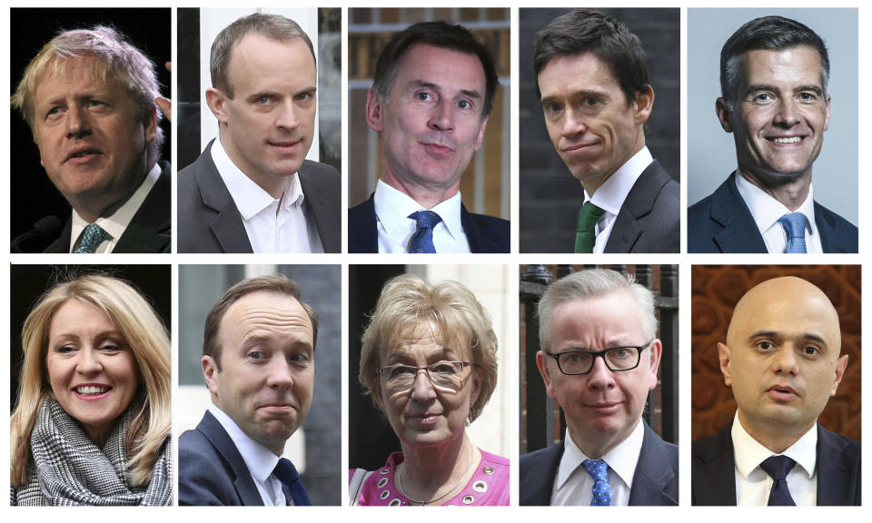 Combo group of ten file photos showing the contenders in the Conservative Party leadership race, with top row from left, Boris Johnson, Dominic Raab, Jeremy Hunt, Rory Stewart, Mark Harper, and bottom row from left, Esther McVey, Matt Hancock, Andrea Leadsom, Michael Gove, Sajid Javid. The official list of ten contenders to replace Prime Minister Theresa May, for the office of Leader of Britain's Conservative Party was released Monday June 10, 2019. (PA via AP)