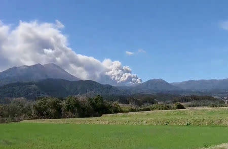 Shinmoedake Volcano is seen erupting in Miyazaki Prefecture on Kyushu Island, Japan March 6, 2018 in this still image taken from social media video. MASA TWITTER @TANK1090/via REUTERS