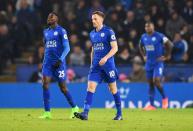 <p>Wilfred Ndidi (25) and Andy King of Leicester City (10) look dejected as Juan Mata of Manchester United scores their third goal during the Premier League match between Leicester City and Manchester United at The King Power Stadium on February 5, 2017 in Leicester, England. </p>