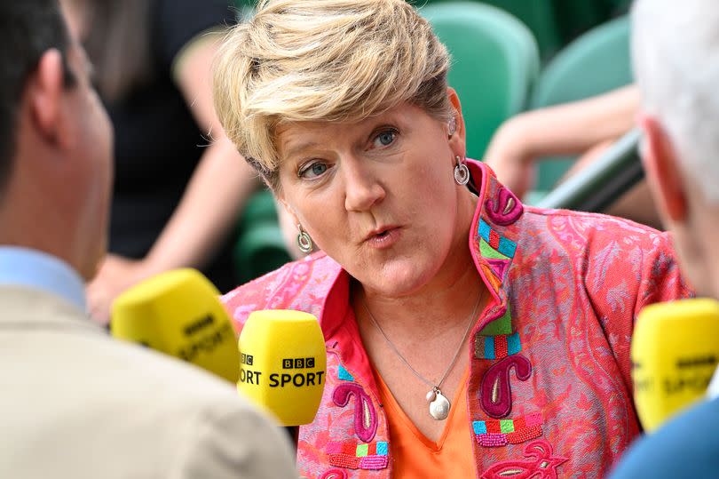 LONDON, ENGLAND - JULY 10: Clare Balding, leading the television coverage for the BBC, interviewing Tim Henman and John McEnroe on day eight of the Wimbledon Lawn Tennis Championships at the All England Lawn Tennis and Croquet Club on July 10, 2023 in London, England. (Photo by Paul Popper/Popperfoto via Getty Images)