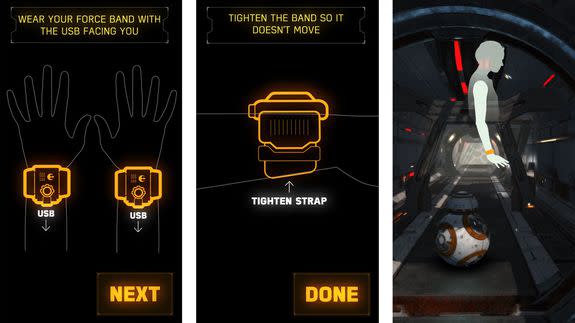 The Force Band app guides you through putting on the wearable and trains you on how it can control your droid.