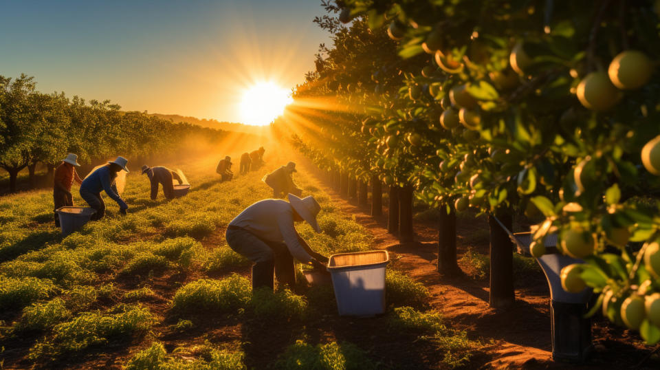 A large group of farm workers harvesting fresh fruit in the morning sun.