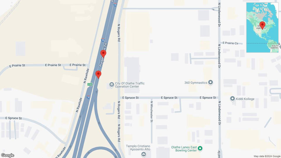 A detailed map that shows the affected road due to 'Broken down vehicle on eastbound I-35 in Olathe' on September 15th at 2:49 p.m.