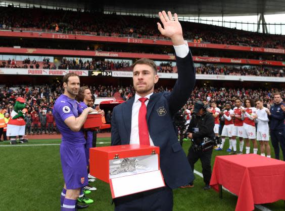 Aaron Ramsey waves goodbye to the Arsenal fans (Getty)
