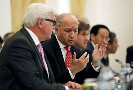 French Foreign Minister Laurent Fabius talks to German Foreign Minister Frank Walter Steinmeier (L) during a meeting with foreign ministers and representatives of United States, China, Britain, Russia and the European Union during nuclear talks at a hotel in Vienna, Austria July 10, 2015. REUTERS/Carlos Barria