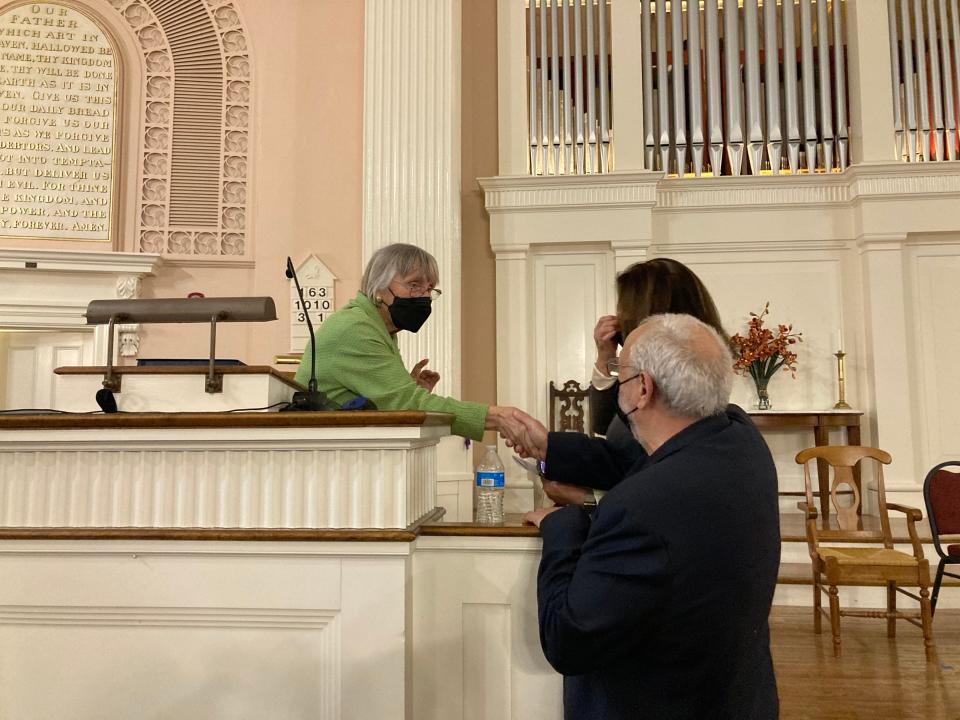 Dudley Dudley, a former member of the New Hampshire House of Representatives, spoke at South Church in Portsmouth on Thursday, May 5, 2022 about her work preventing a $600 million oil refinery from being constructed in Durham almost 50 years ago.