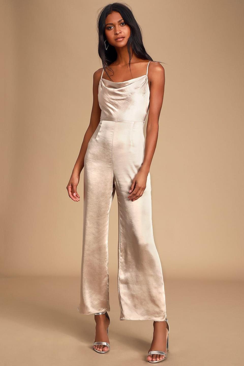 Lulus Perfect Night Champagne Satin Cowl Neck Culotte Jumpsuit