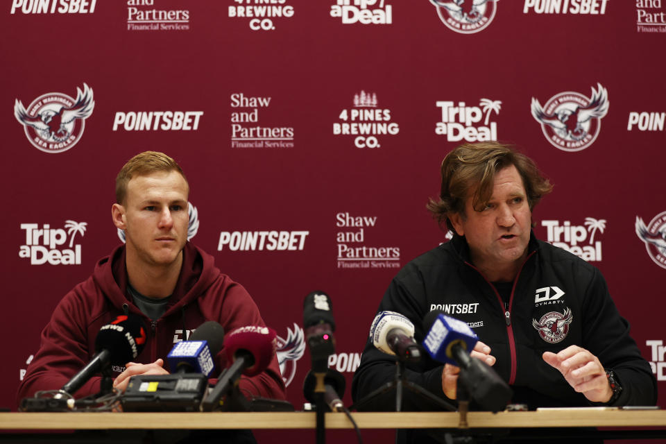 Seen here, Manly captain Daly Cherry-Evans and coach Des Hasler facing a media barrage over the rainbow jersey controversy.