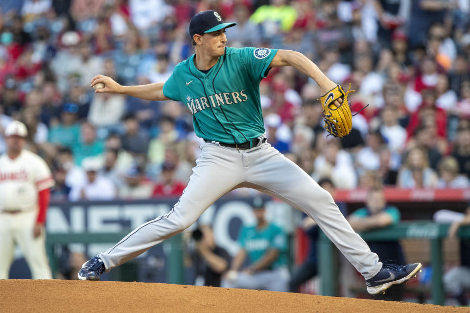 Seattle Mariners starting pitcher George Kirby throws to a Los Angeles Angels batter during the first inning of a baseball game in Anaheim, Calif., Saturday, Sept. 17, 2022. (AP Photo/Alex Gallardo)