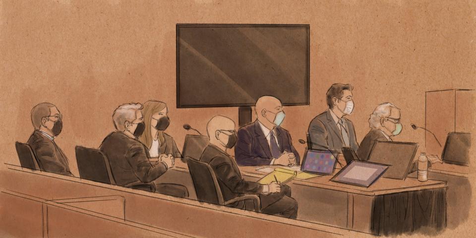 Courtroom sketch of the trial in the killing of George Floyd in federal court on Jan. 24, 2022, in St. Paul, Minn.