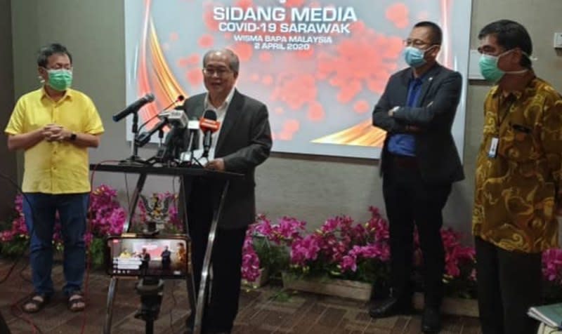 Sarawak Deputy Chief Minister Datuk Amar Douglas Uggah speaks to reporters after chairing the state Disaster Managemeny Committee meeting, April 2, 2020. ― Picture courtesy of Deputy Chief Minister's Office