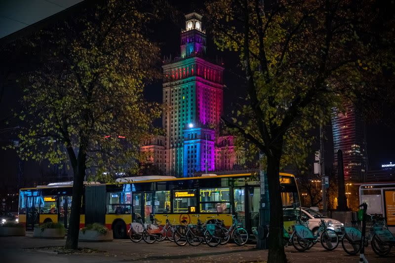 The Palace of Culture is illuminated with rainbow colours in a gesture of solidarity with the LGBT community in Warsaw