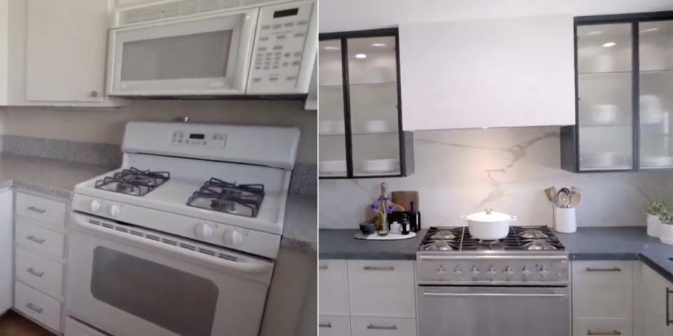 A side-by-side of an outdated kitchen and a new kitchen.