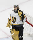 Vegas Golden Knights goalie Marc-Andre Fleury (29) reacts to the win over the Chicago Blackhawks in an NHL hockey Stanley Cup first-round playoff series, Saturday, Aug. 15, 2020, in Edmonton, Alberta. (Jason Franson/The Canadian Press via AP)