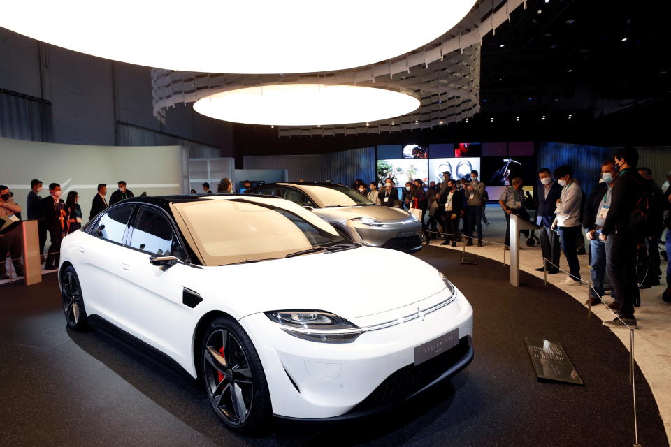 Sony Vision-S 01 and Vision-S 02 electric vehicles are displayed during CES 2022 at the Las Vegas Convention Center in Las Vegas, Nevada, U.S. January 5, 2022. REUTERS/Steve Marcus