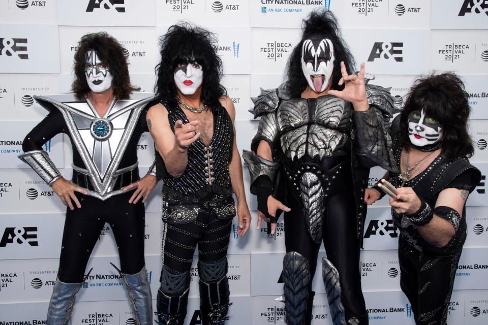 Members of Kiss (from left, Tommy Thayer, Paul Stanley, Gene Simmons and Eric Singer) attend the premiere of A&E Networks' "Biography: KISStory" during the 20th Tribeca Festival at Battery Park on June 11, 2021, in New York.