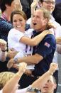 Kate and Wills show they are the perfect couple as they shared an embrace when Great Britain won the gold medal in the Track Cycling event at the London 2012 Olympic Games.