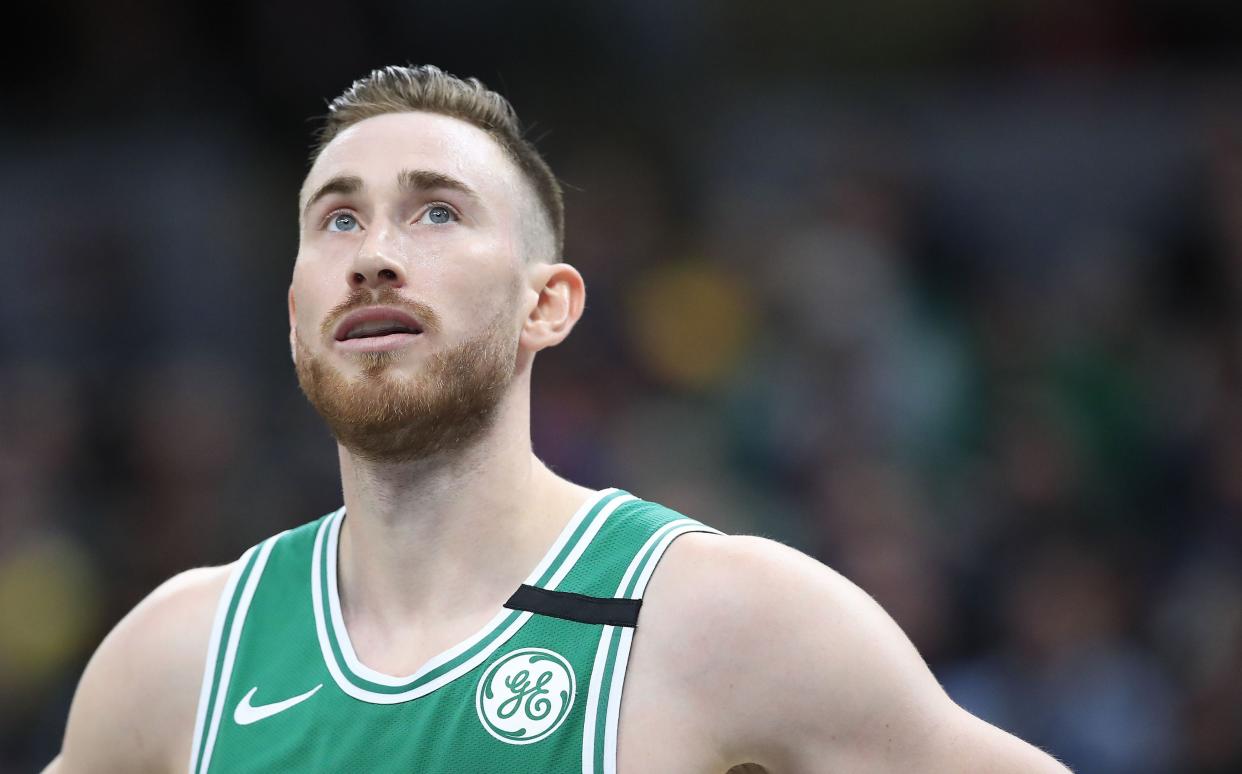 Gordon Hayward #20 of the Boston Celtics watches the action against the Indiana Pacers at Bankers Life Fieldhouse on March 10, 2020 in Indianapolis, Indiana. 